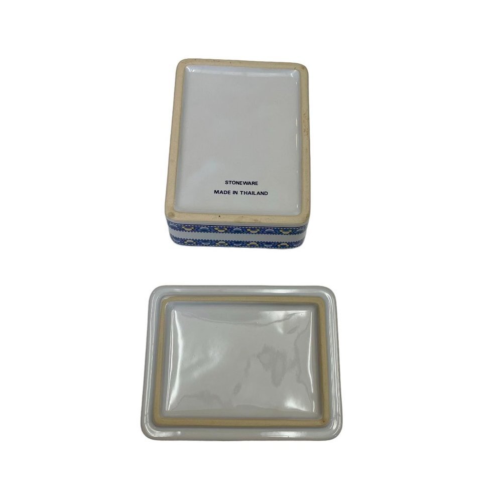 Thai Stoneware Trinket Box With Blueish Purple and Yellow Floral Paisley Pattern - Picture 7 of 9